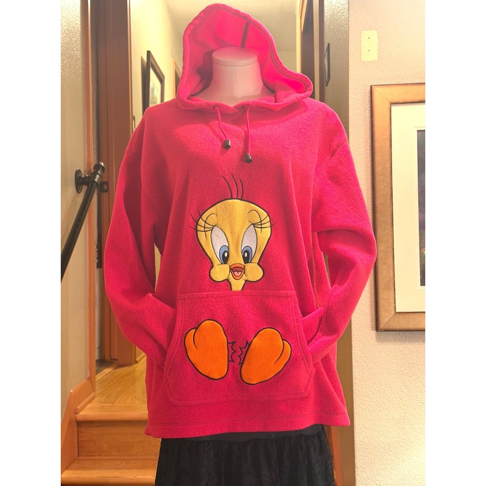 Warner Bros Studio Store Reverse Fleece Hoodie Sweatshrt Tweety Bird Bright Pink